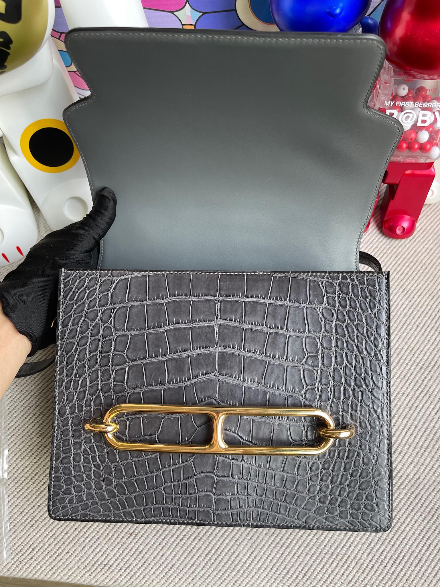 에르메스 룰리스23 블랙 그레이 금장 악어가죽